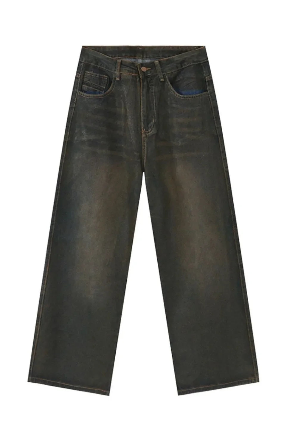 Faded oversized denim trousers in dark wash, wide leg jeans with classic five-pocket styling.