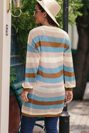 Multicolor open knit duster cardigan with horizontal stripes and long sleeves.