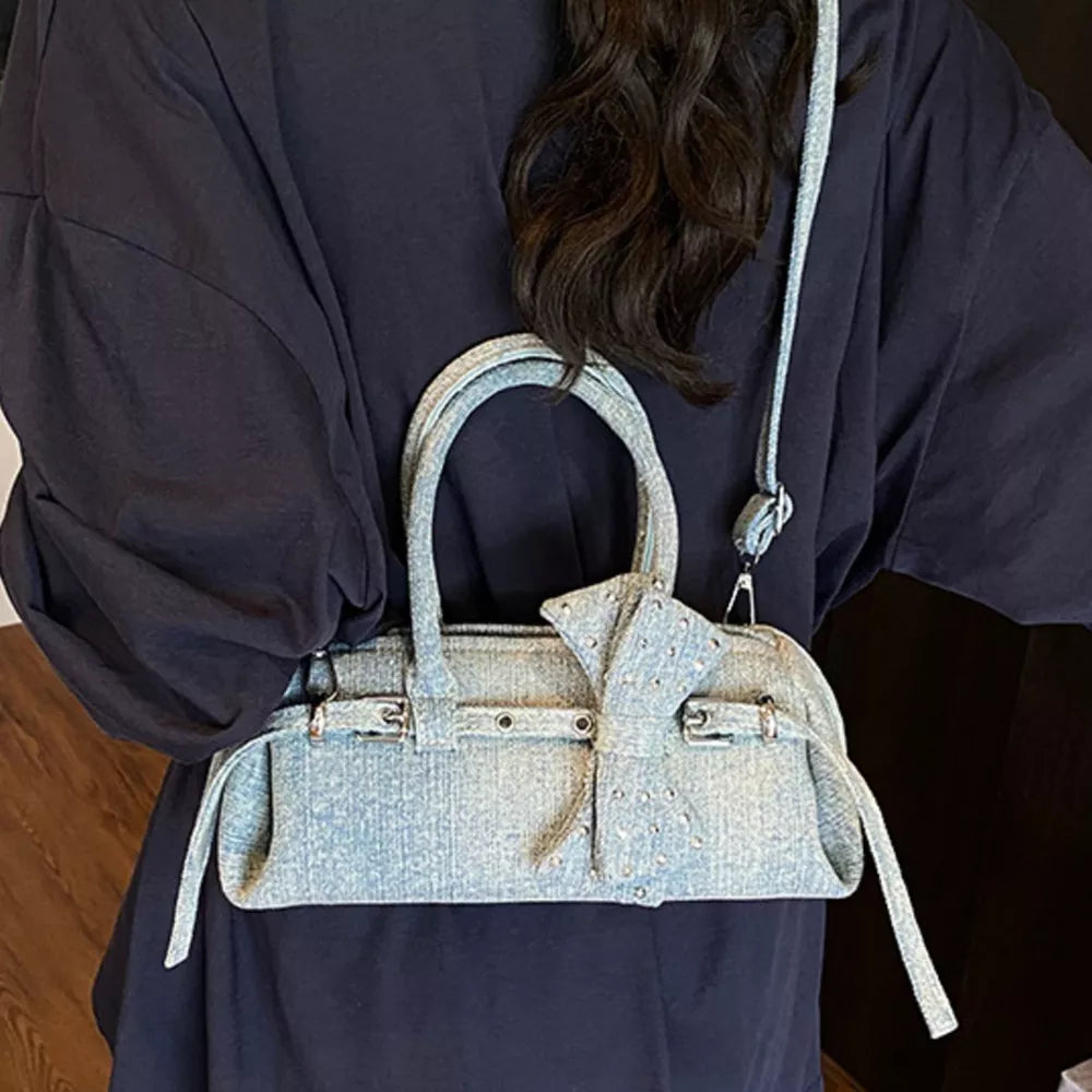 Denim Bow Accent Crossbody Bag in Blue, side view