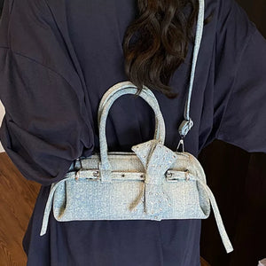 Denim Bow Accent Crossbody Bag in Blue, side view