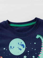 Navy cotton crew neck t-shirt with a playful dinosaur and moon graphic.