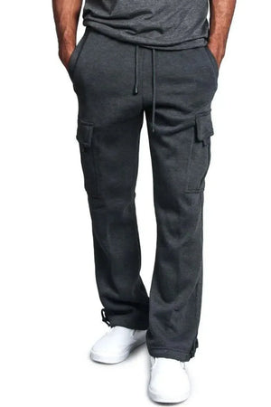 Dark gray fleece cargo lounge trousers with drawstring waist and side pockets.