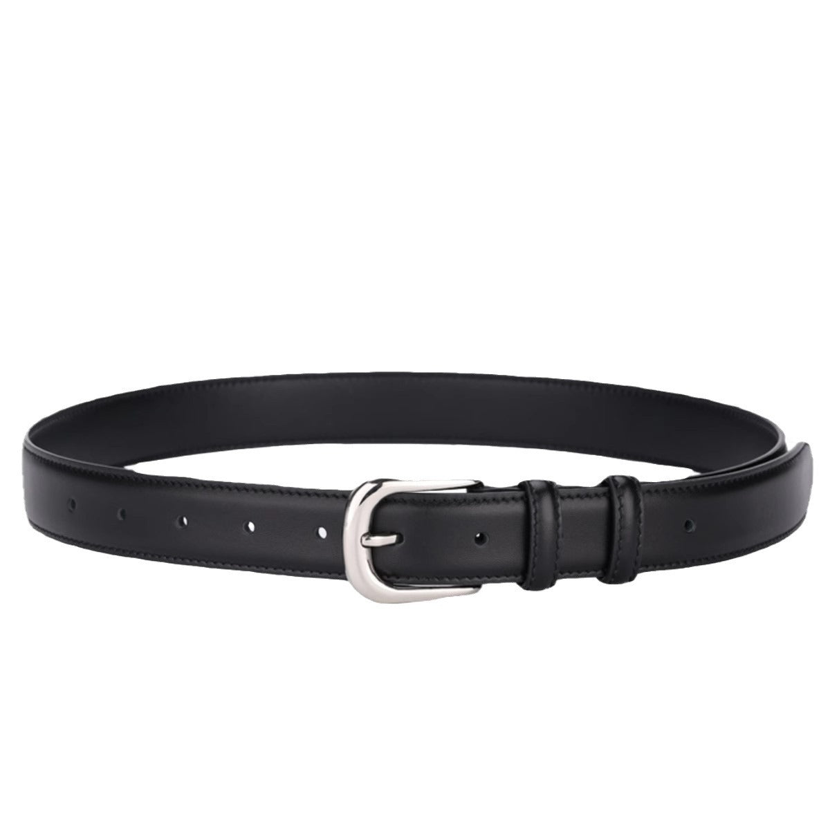 Black cowhide leather slim belt with silver buckle and keeper loop.