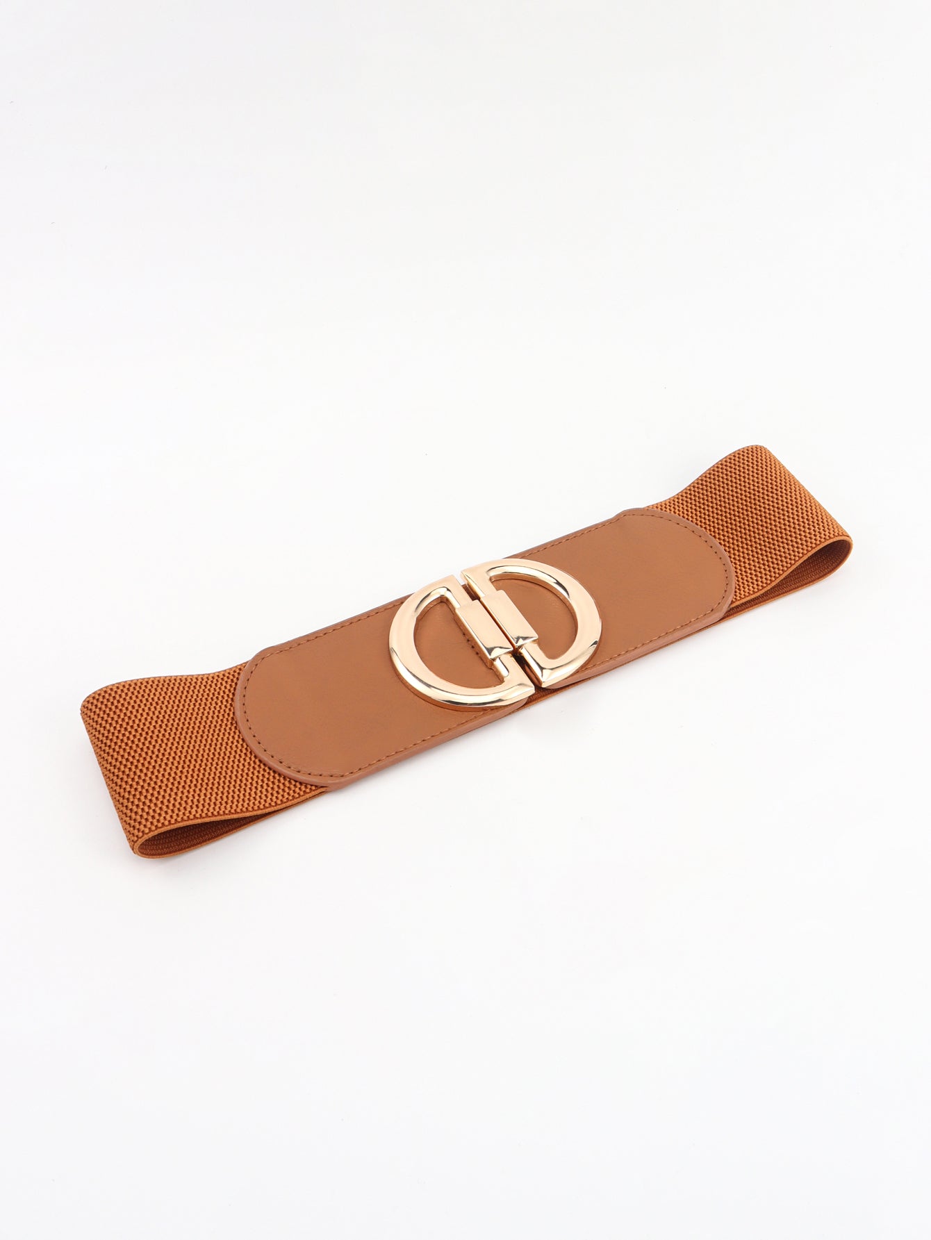 Brown elastic waist belt with double D buckle and gold hardware