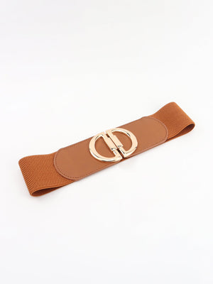 Brown elastic waist belt with double D buckle and gold hardware