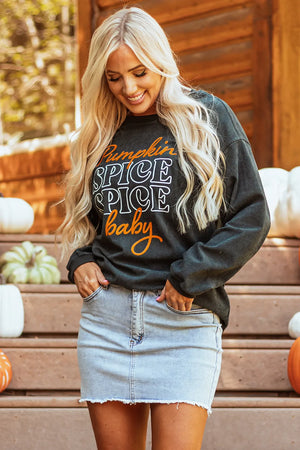 Dark gray corduroy sweatshirt with "Pumpkin Spice baby" graphic, crew neck, long sleeves.