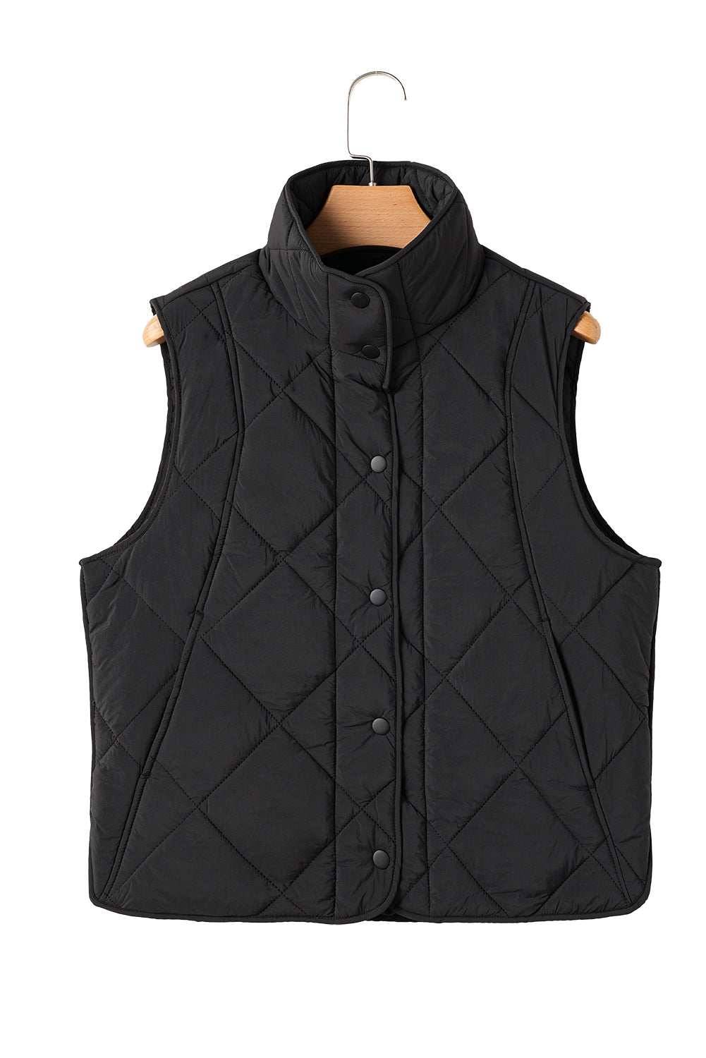 Black quilted stand collar vest with snap front and diamond stitching.