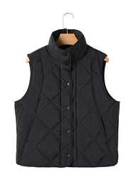 Black quilted stand collar vest with snap front and diamond stitching.