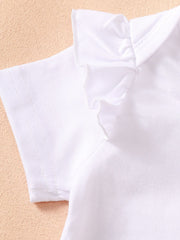 White cotton bodysuit with ruffled short sleeves and neckline detail.
