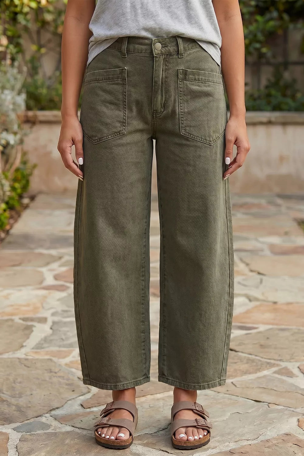 Four Leaf Clover Solid Color Ankle Jeans in Army Green, front view