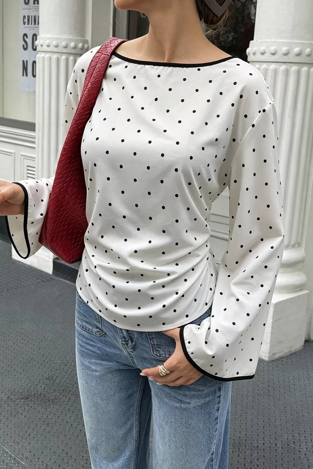 Polka Dot Flare Sleeve Blouse in White, side view