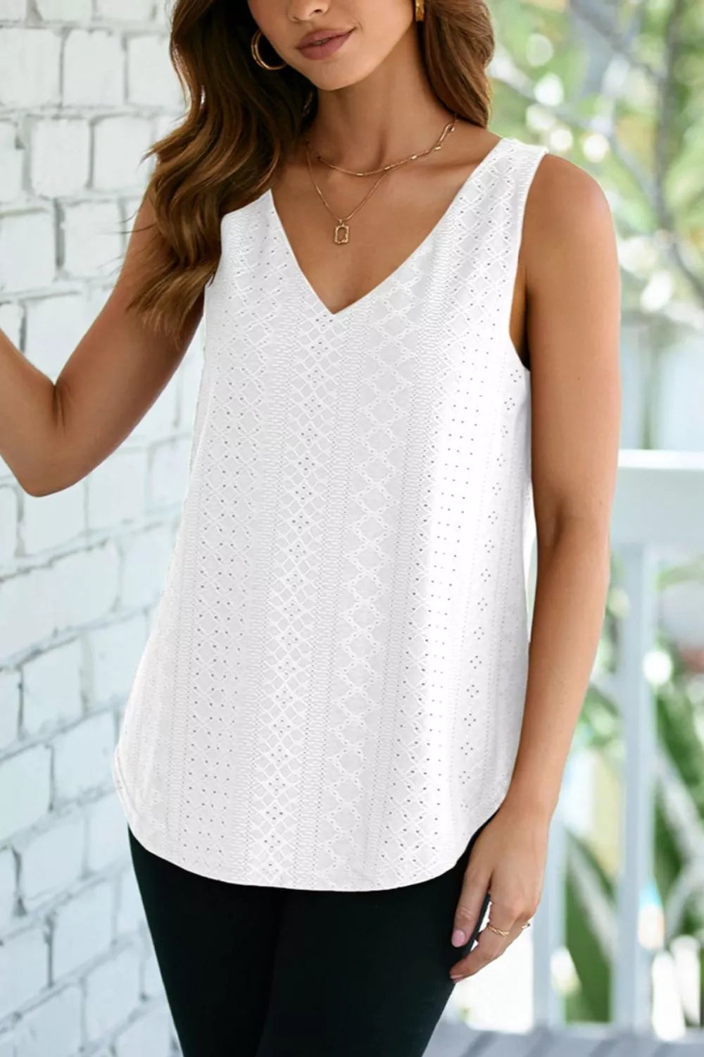 White eyelet knit V-neck tank top with diamond pattern detail