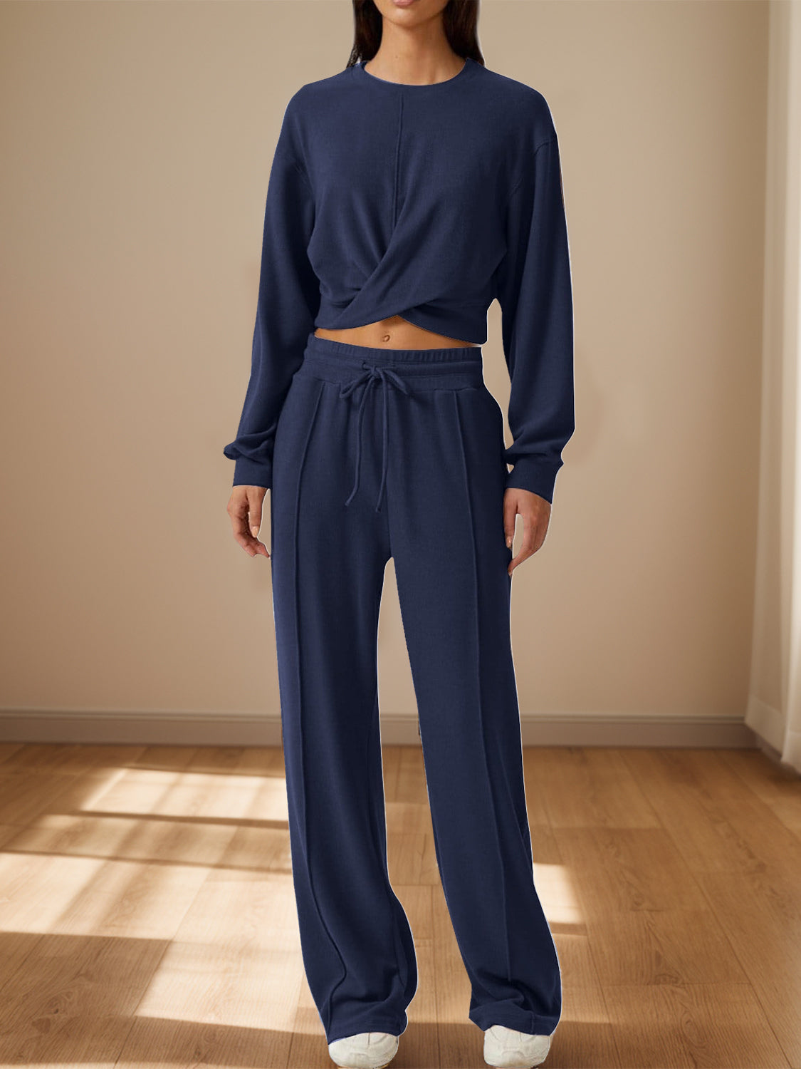 Navy knit lounge set with cross-front cropped top and wide-leg drawstring pants