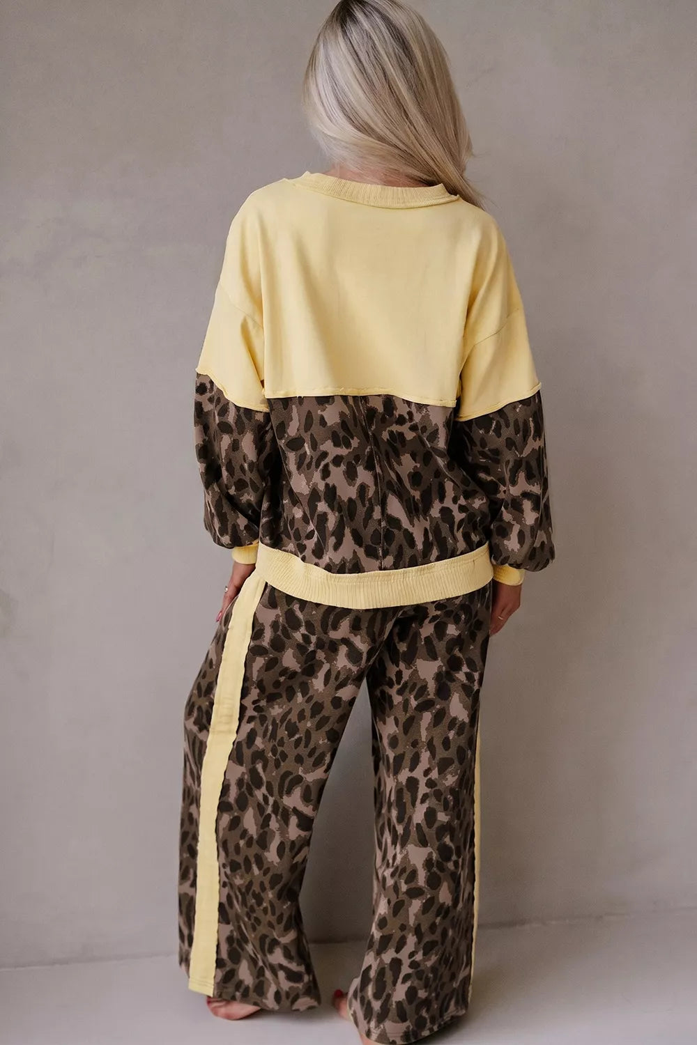 Leopard Print Long Sleeve V-neck Top & Pant Set in Coffee Brown, model styling view