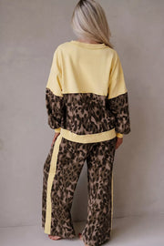 Leopard Print Long Sleeve V-neck Top & Pant Set in Coffee Brown, model styling view