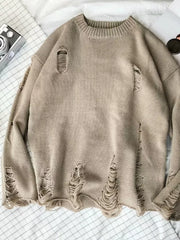Men's Distressed Round Neck Sweater in Black, close-up detail