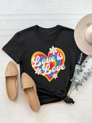 Black graphic t-shirt with rainbow heart and "Love is Love" text, 100% polyester