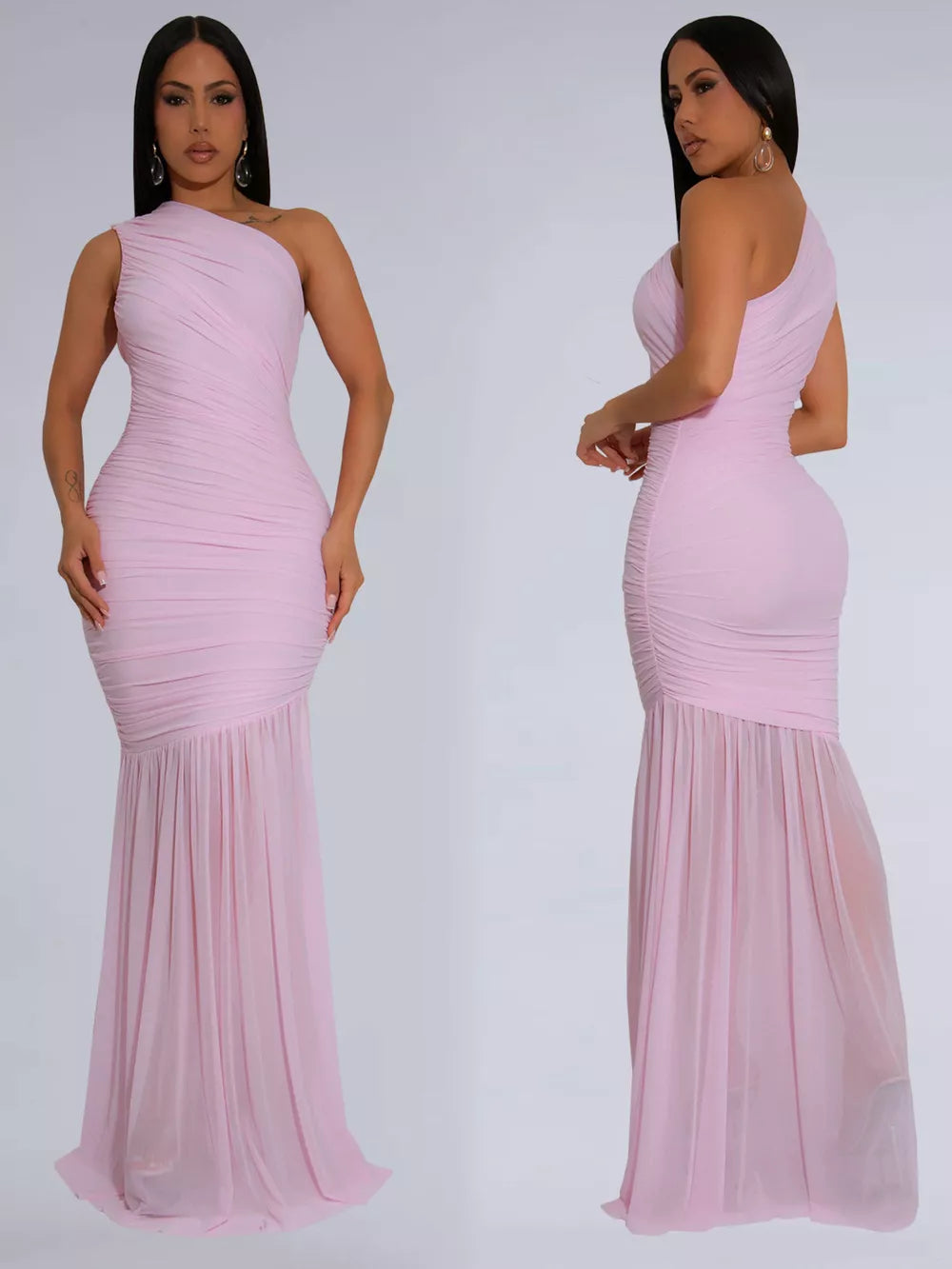 Blush pink ruched one-shoulder bodycon maxi dress with sheer flowing skirt.