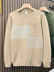 Men's Khaki striped pocket sweater with crew neck and long sleeves.