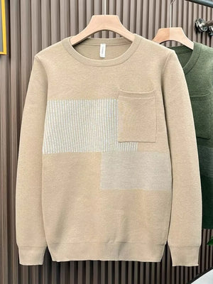 Men's Khaki striped pocket sweater with crew neck and long sleeves.