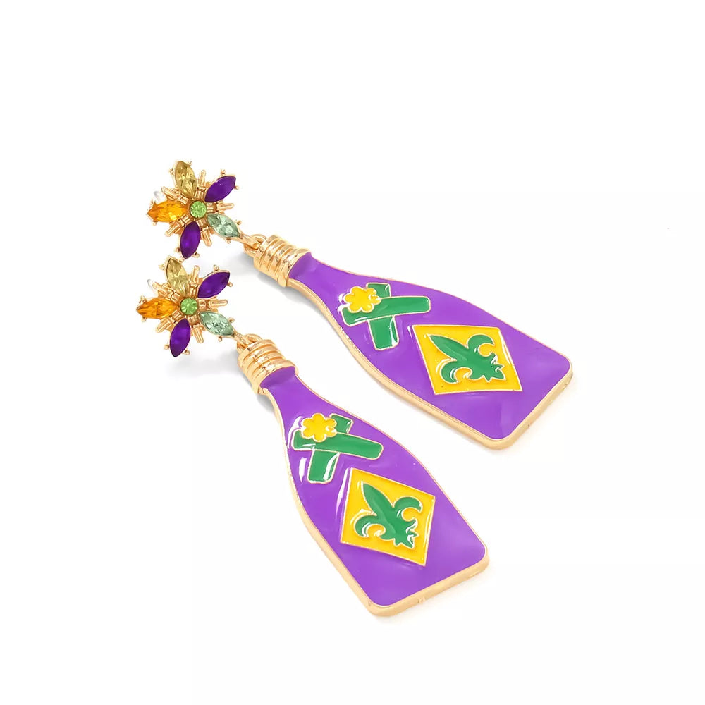 Mardi Gras celebration dangle earrings with purple bottle shape, fleur de lis, and jeweled tops.