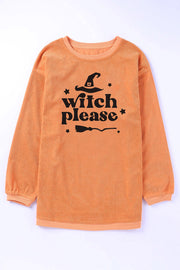 Corded orange sweatshirt with Witch Please graphic and witch hat.