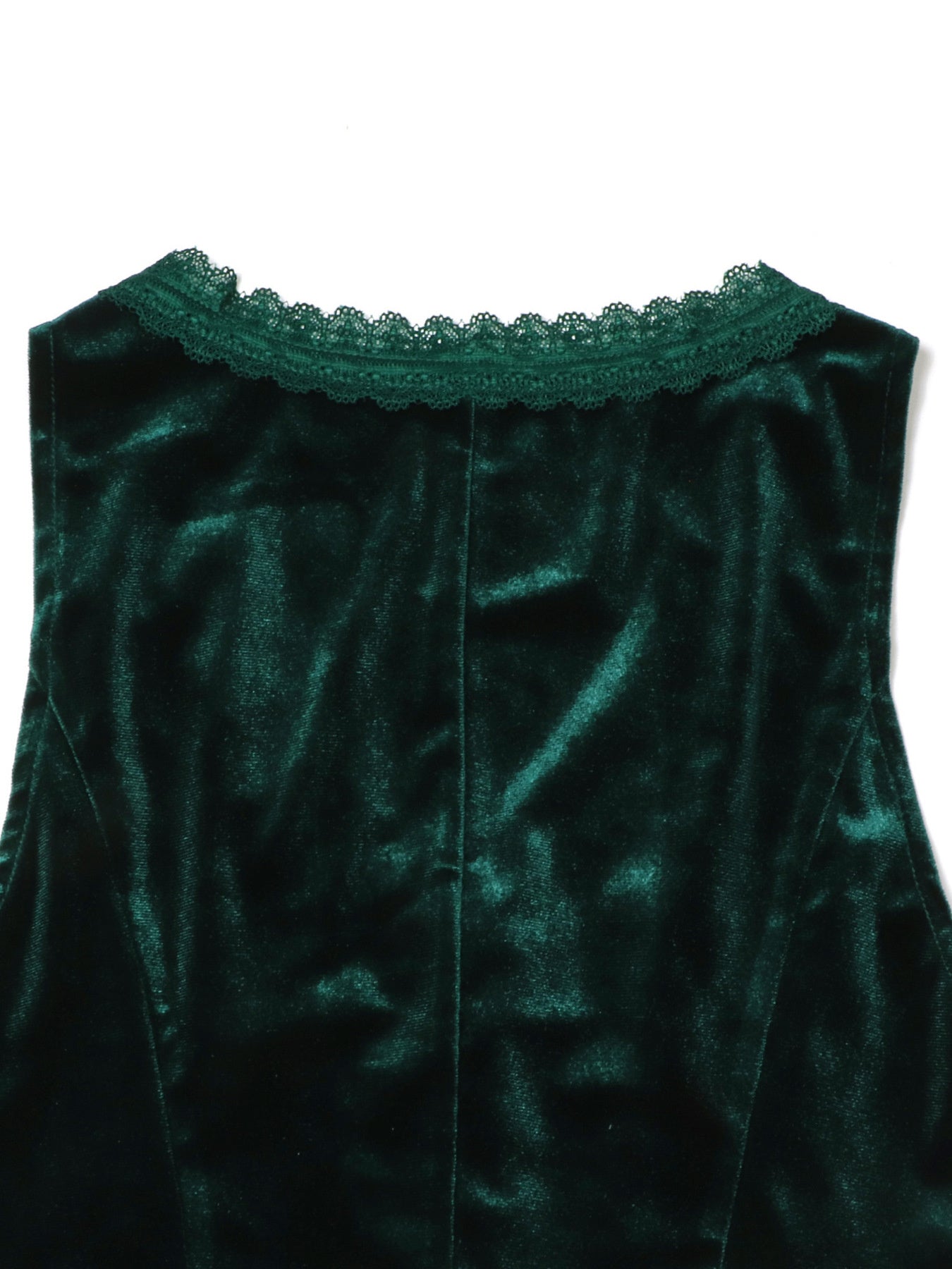 Green velvet vest with lace trim neckline and button detail