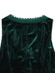 Green velvet vest with lace trim neckline and button detail