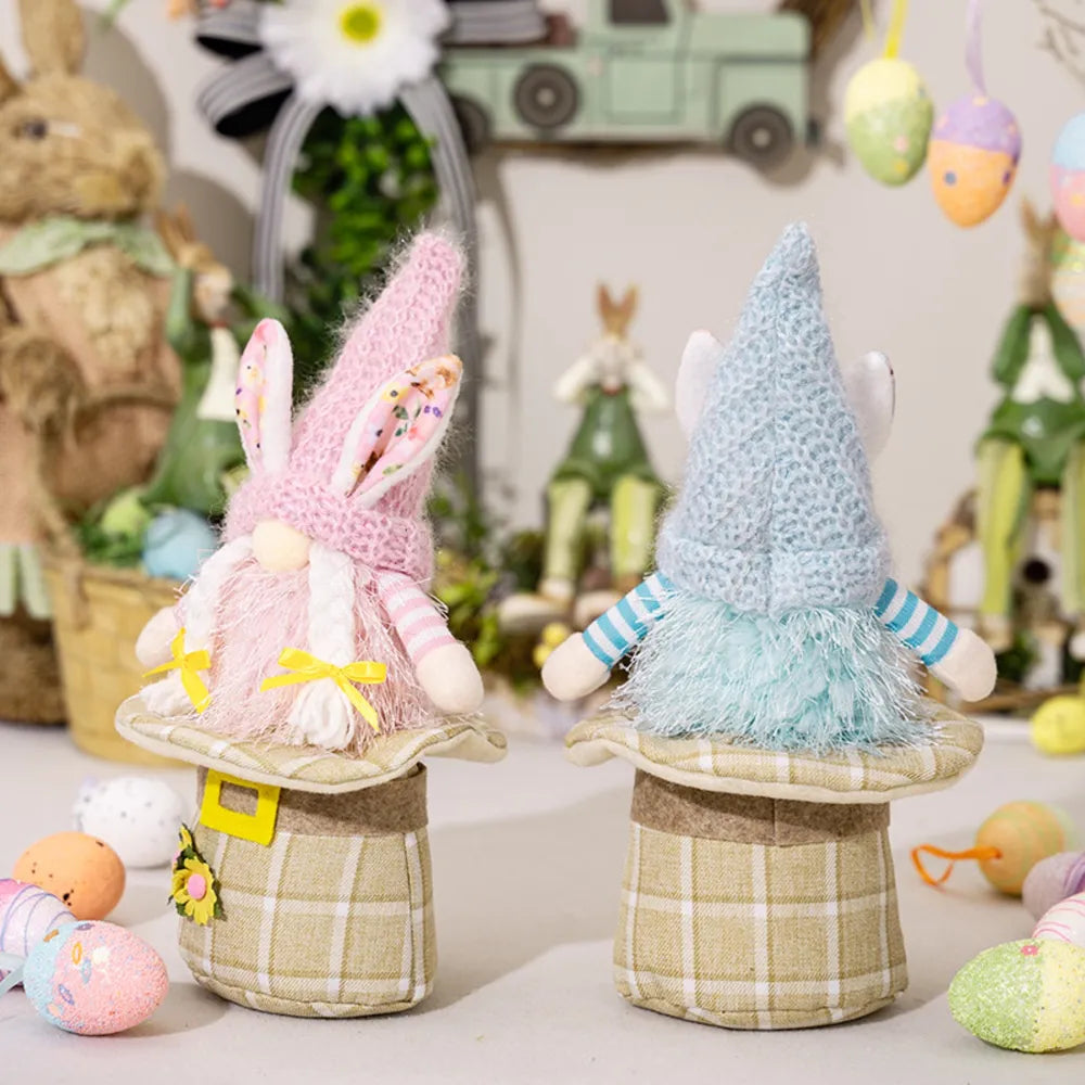 Easter gnomes in light blue and blush pink with bunny ears and plaid bases.