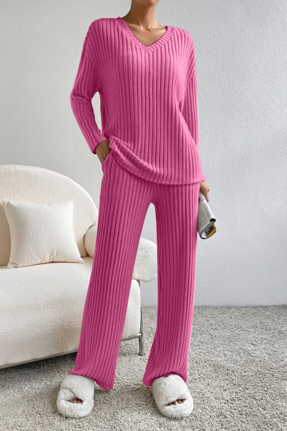 Hot Pink ribbed knit loungewear set with V-neck top and wide-leg pants.