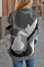 Gray geometric knit crewneck sweater with colorblock pattern