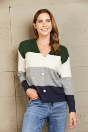 Colorblock acrylic cardigan with metallic trim, V-neck, button front, and banded hem.