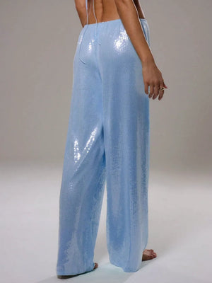 Light blue sequin wide leg pants with drawstring waist