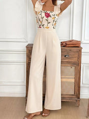 Beige floral embroidered ruffle sleeve square neck jumpsuit with wide legs