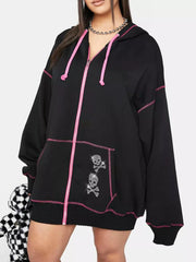 Black zip-up hoodie with pink trim, drawstring, and rhinestone skull graphics on pocket.