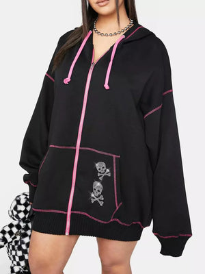 Black zip-up hoodie with pink trim, drawstring, and rhinestone skull graphics on pocket.