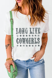 White crew neck t-shirt with distressed "Long Live Cowgirls" graphic and stars.