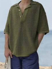 Open-knit polo shirt in army green with pointed collar and two buttons.