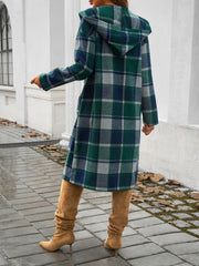 Checked plaid hooded duster coat in dark green and blue, with a casual chic style.