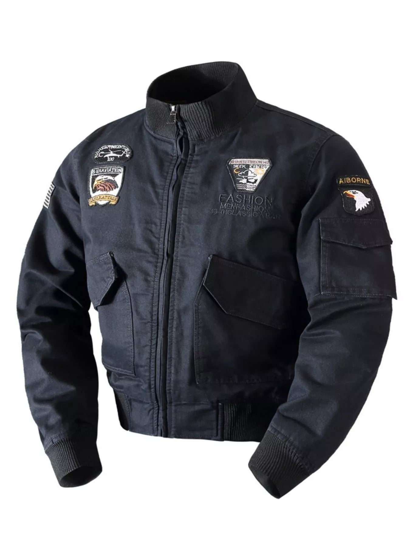 Black cotton bomber jacket with patches and utility pockets