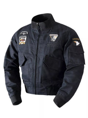 Black cotton bomber jacket with patches and utility pockets