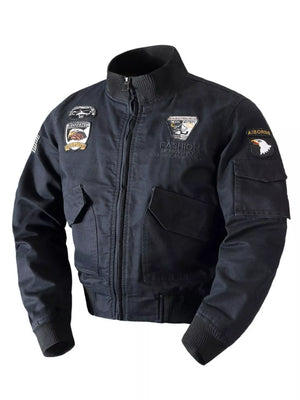 Black cotton bomber jacket with patches and utility pockets