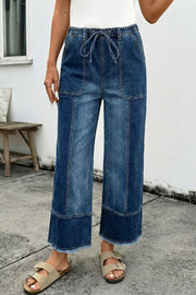 Drawstring Raw Hem Wide Leg Denim Pants, fabric detail