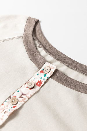 Floral bell sleeve henley top in mocha with button detail and contrast trim