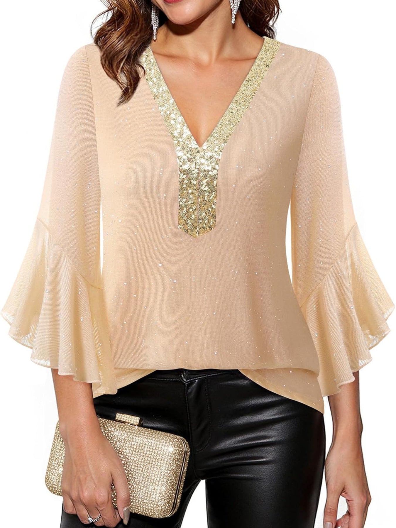 Apricot sequin V-neck blouse with bell sleeves and glitter detail.