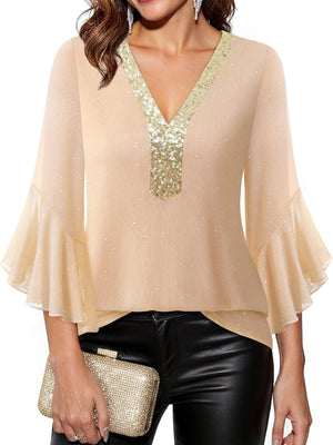 Apricot sequin V-neck blouse with bell sleeves and glitter detail.