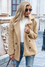 Camel teddy pea coat with double-breasted buttons and notched lapels.