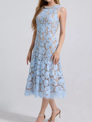 Blue lace dress with pearl embellished neckline and midi skirt.