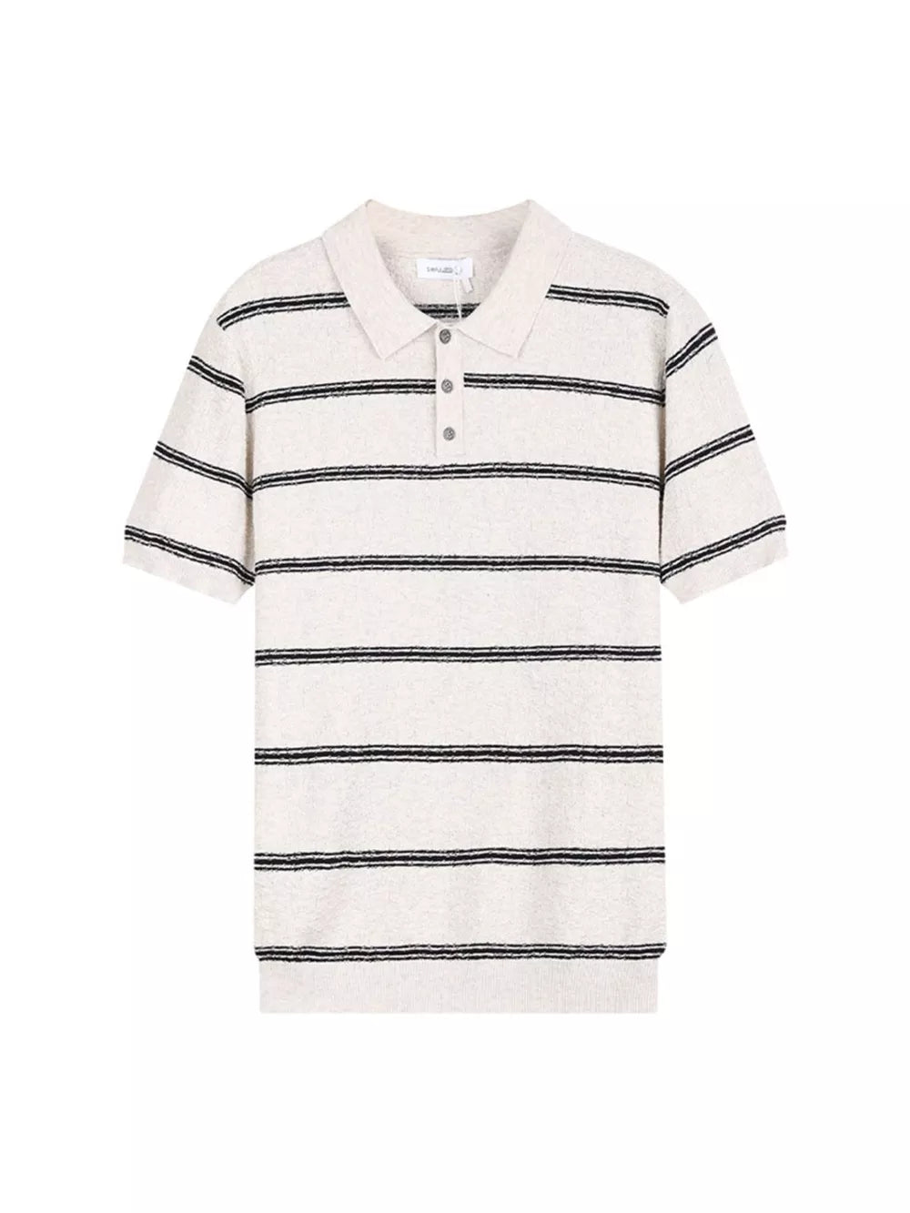 Men's short sleeve knit polo shirt in white with black horizontal stripes and button accents.