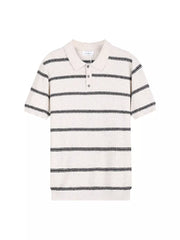 Men's short sleeve knit polo shirt in white with black horizontal stripes and button accents.